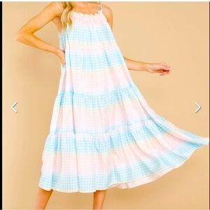 Storia Pastel Blue & Pink Gingham Tiered Maxi Sundress